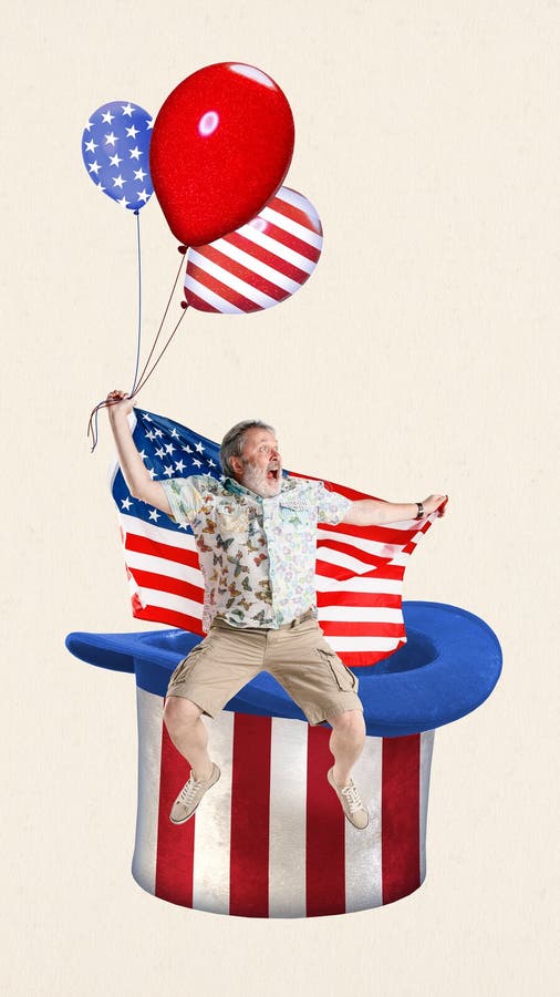 Happy, senior man sitting on hat and holding air balloons with american flag. Celebration of independence day