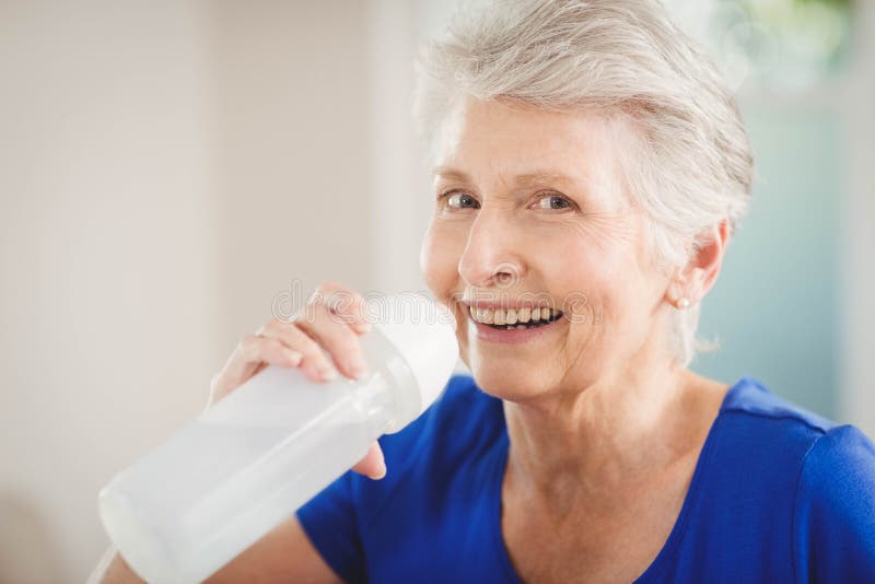 Happy Senior Woman Drinking Water Stock Image Image of citizen