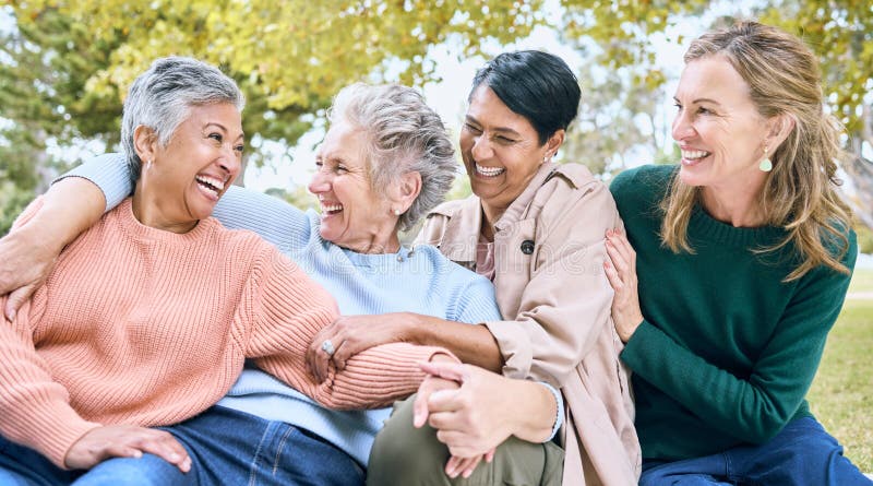 Happy senior women, laughing or bonding in nature park, grass garden or relax environment in retirement, support or