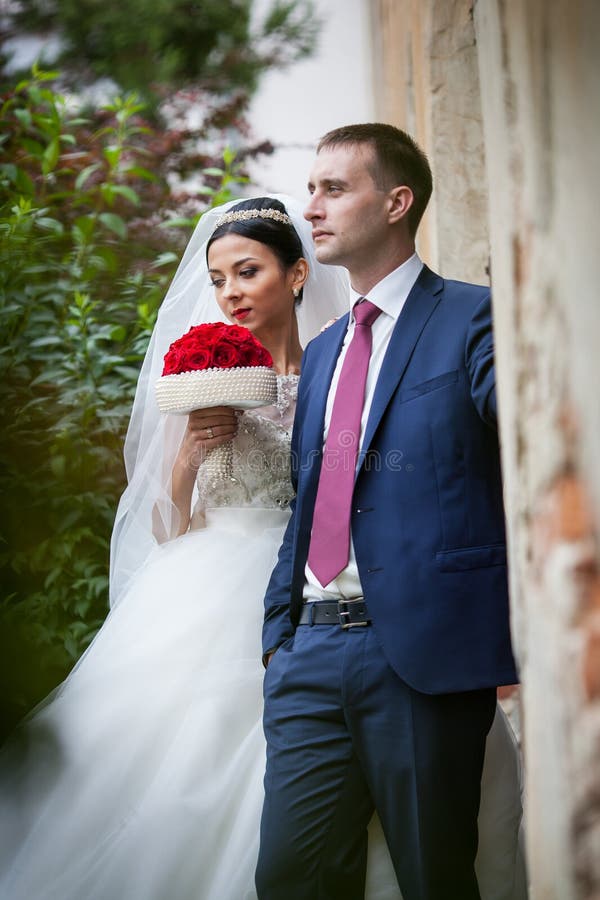 Happy Sensual Newlywed Husband Wife Posing Near Old Building Stock