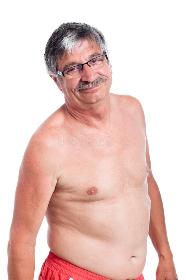 Portrait of happy shirtless senior man, isolated on white background royalt...