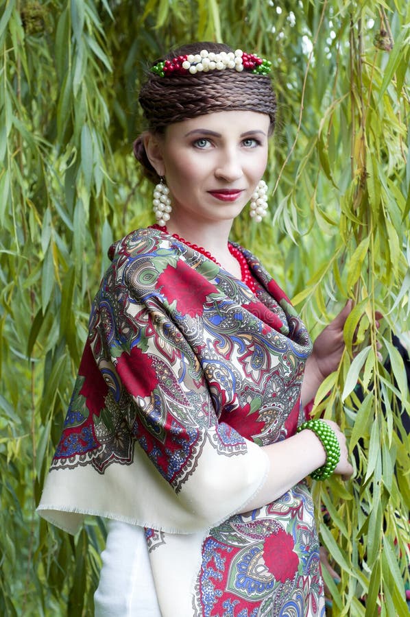 Happy Slavonic Woman Near the Willow Tree Stock Image - Image of black ...