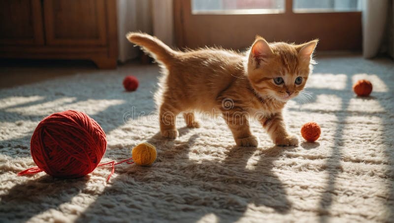 Pisică persiană, adorabilă și adorabilă, se joacă cu bile frumoase, cu un fir de ață. pisicuța se uită la cameră.