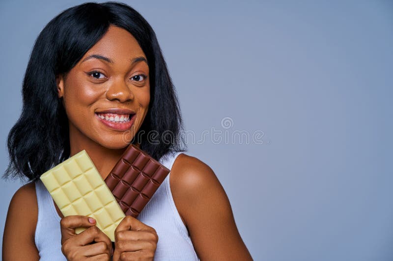 Thin Woman with Joy Hold Two Bars of White and Black Porous Chocolate in  Hands. Diet Concept Stock Photo - Image of female, health: 188270442