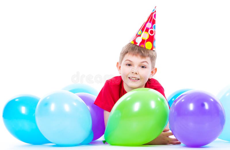 Happy Smiling Boylying on the Floor with Colorful Balloons. Stock Image ...