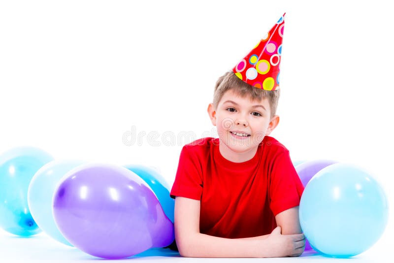Happy Smiling Boylying on the Floor with Colorful Balloons. Stock Image ...
