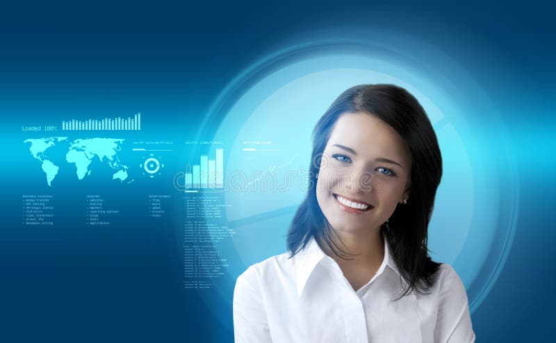 Happy smiling brunette futuristic interface stock images Happy smiling brunette futuristic interface stock images