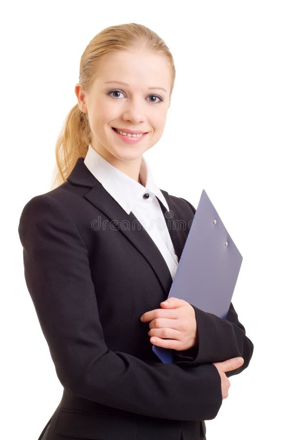 Happy smiling business woman with folder