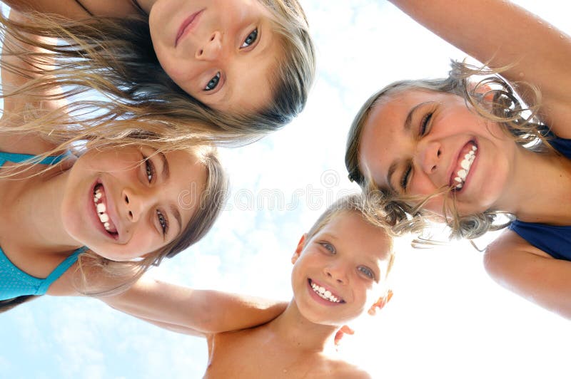 Happy smiling children friends outdoor portrait stock image Happy smiling children friends outdoor portrait stock image