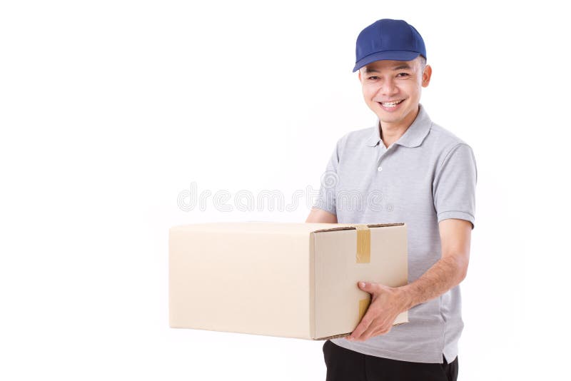 Happy, smiling delivery man stock image