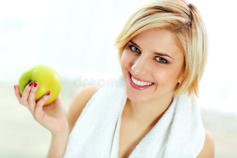 Happy Smiling Fit Woman Holding Green Apple Stock Photo - Image of food ...