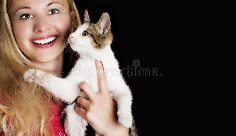 Happy smiling girl and her cute cat