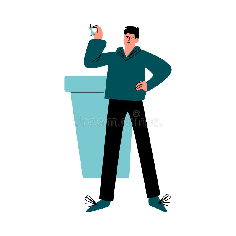 Happy smiling man in black pants sorting the garbage in the trash bin. Vector illustration in cartoon style. royalty free illustration Happy smiling man in black pants sorting the garbage in the trash bin. Vector illustration in cartoon style. royalty free illustration