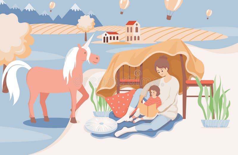 Happy smiling mother reading a book to her daughter before going sleep vector flat illustration. Woman reading bedtime stories, girl dreaming about unicorns. Family time concept.