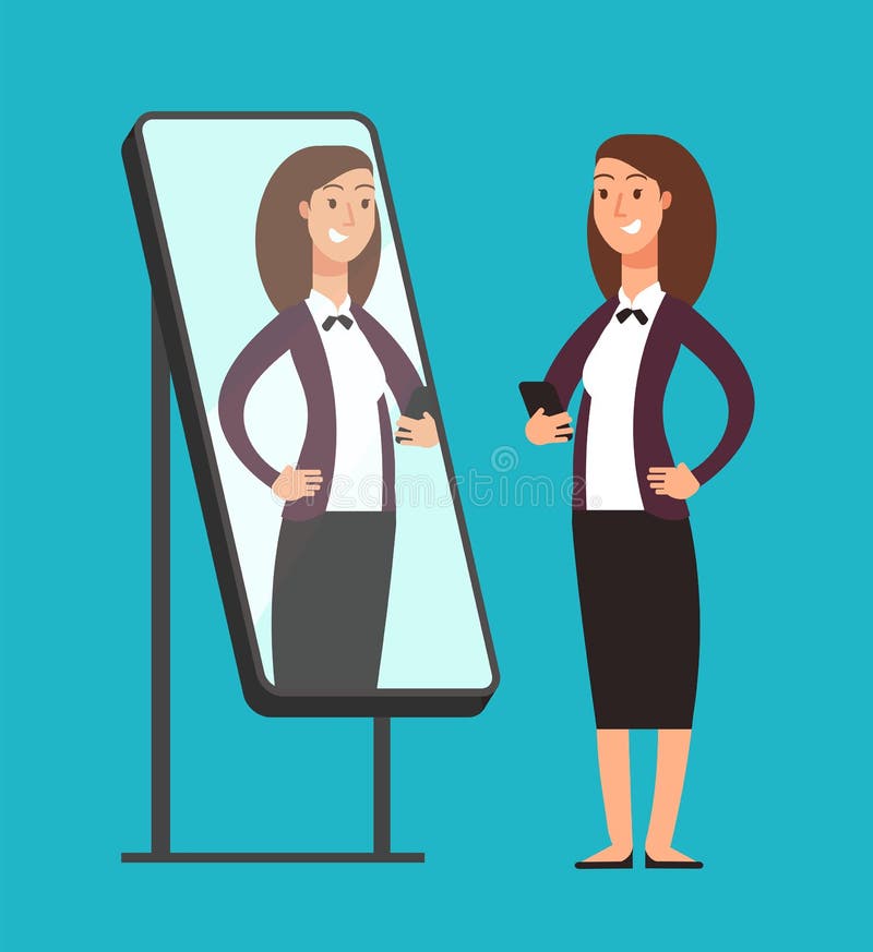 Happy Smiling Narcissistic Confident Businesswoman Looking At Reflection In Mirror Self Love Vector Concept Stock Vector Illustration Of Narcissism Attractive