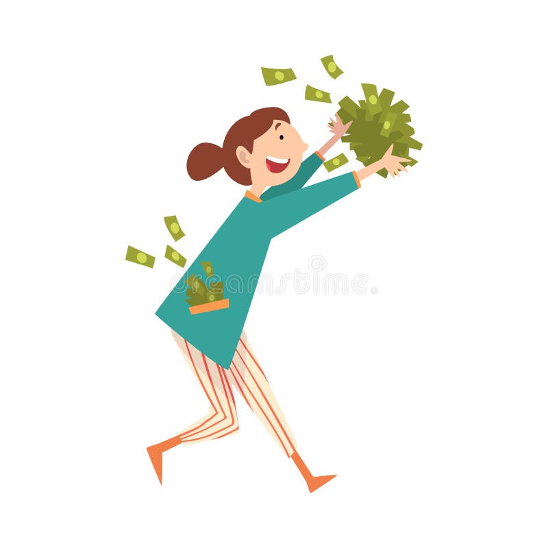 Happy Smiling Wealthy Young Woman with Lot of Money, Lucky Successful Rich Girl Vector Illustration