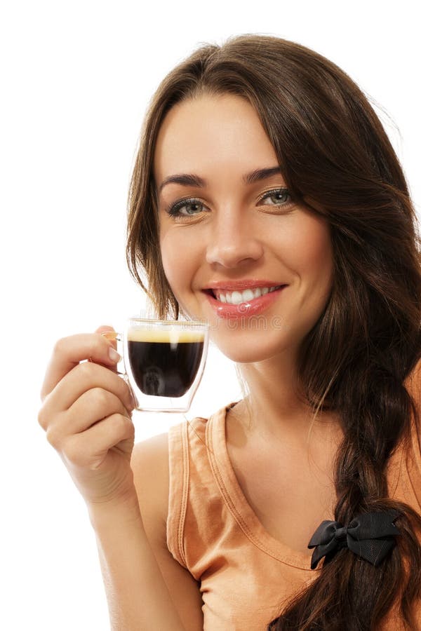 Happy smiling woman with a cup of espresso coffee