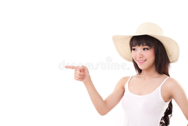 Happy, smiling woman pointing finger away royalty free stock photography Happy, smiling woman pointing finger away royalty free stock photography