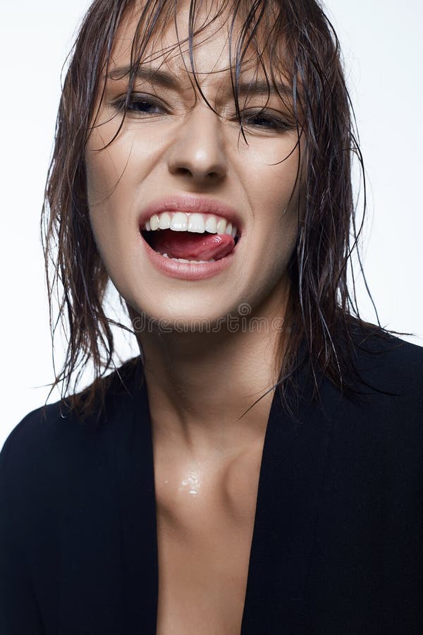 Happy Smiling Woman With Wet Hair Beautiful Laughing Lady White Teeth Smile Stock Image