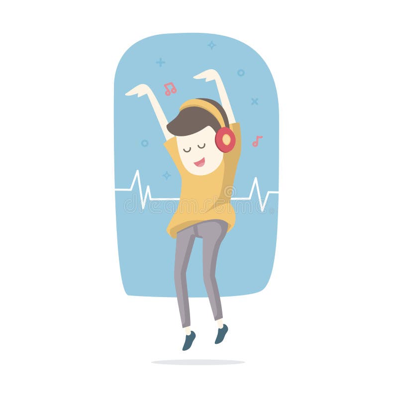 Happy smiling young man listens to music with headphones and dan stock illustration Happy smiling young man listens to music with headphones and dan stock illustration