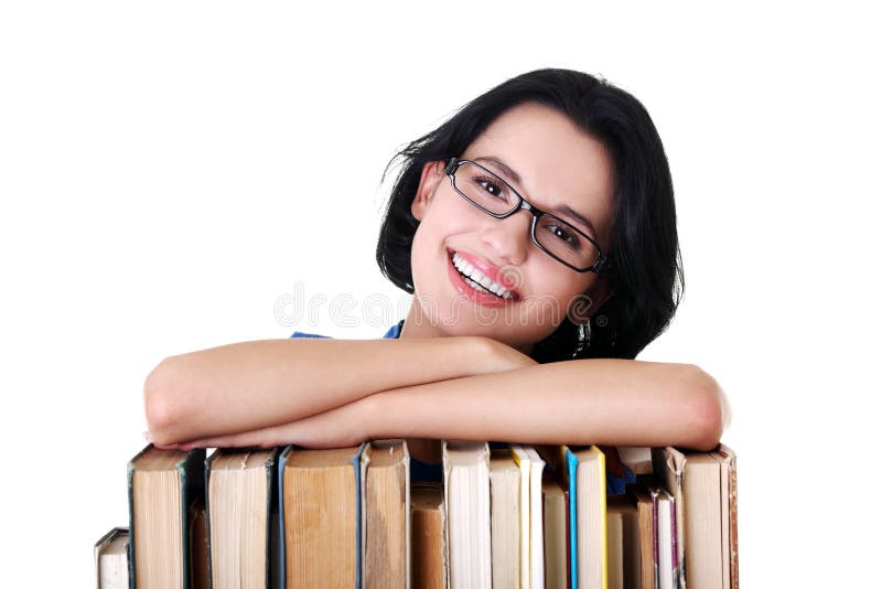 Happy smiling young student woman with books