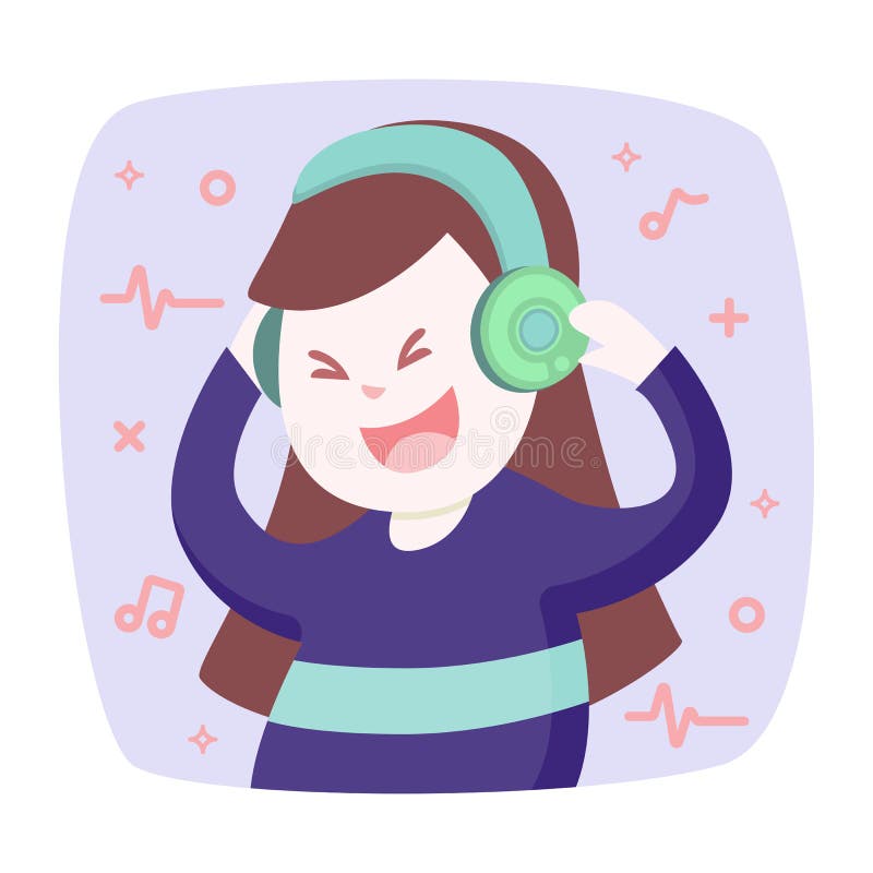 Happy smiling young woman listens to music with headphones and d stock illustration Happy smiling young woman listens to music with headphones and d stock illustration