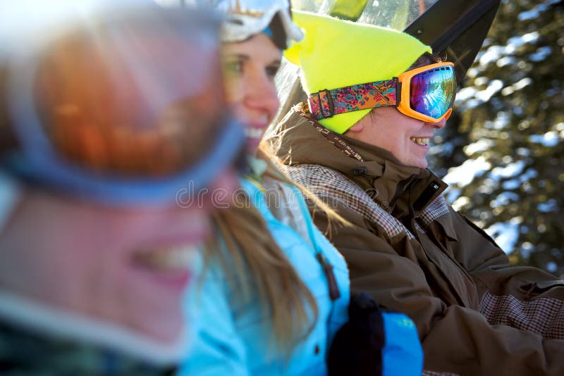 Happy snowboarding team royalty free stock photography
