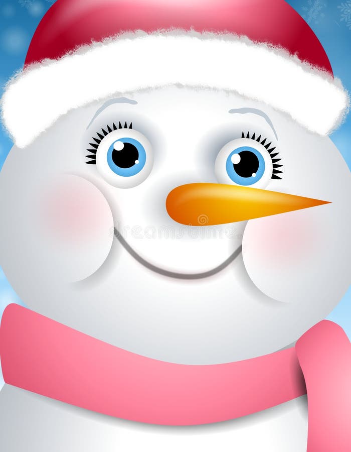 A clip art illustration featuring a female snowman's face up close smiling. A clip art illustration featuring a female snowman's face up close smiling