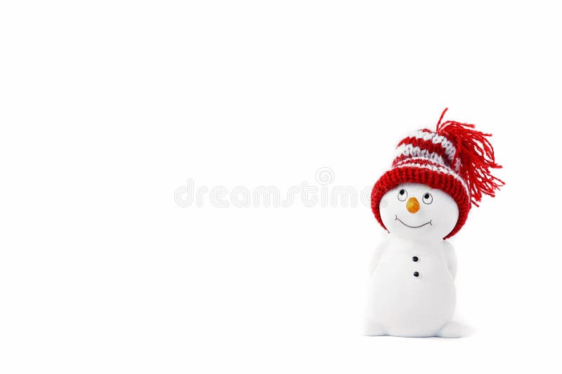 Happy snowman standing isolated on white background. Merry christmas and happy new year greeting card. Funny snowman in hat on royalty free stock photography Happy snowman standing isolated on white background. Merry christmas and happy new year greeting card. Funny snowman in hat on royalty free stock photography