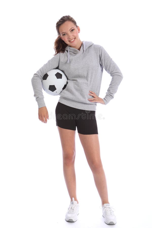 Happy soccer player teenage girl with sports ball