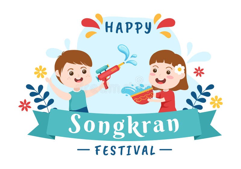 Happy Songkran Festival Day Hand Drawn Cartoon Illustration with Cute ...