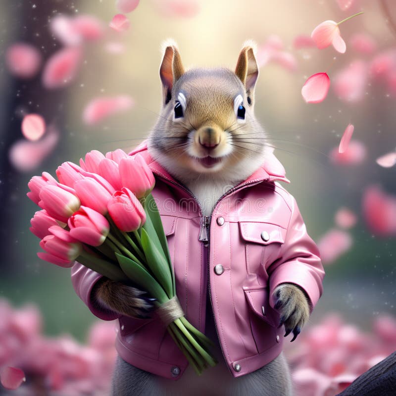 Happy Squirrel, Chipmunk in a Fashionable Pink Leather Jacket with a