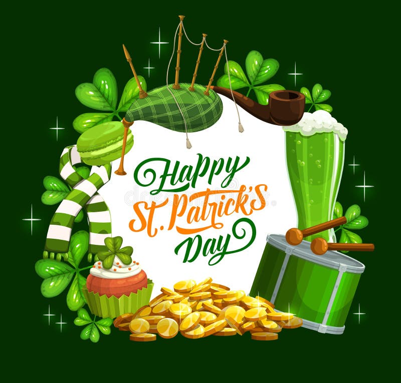 Irish St Patrick day holiday celebration shamrock clover and green ale beer mugs, pints. Vector Patricks day greeting with symbols Irish bagpipes, leprechaun gold coins and drum. Irish St Patrick day holiday celebration shamrock clover and green ale beer mugs, pints. Vector Patricks day greeting with symbols Irish bagpipes, leprechaun gold coins and drum