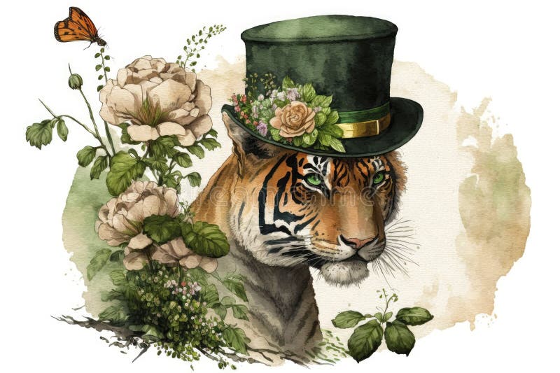 Happy St. Patrick S Day Tiger with Lucky Clover Hat and Flowers ...