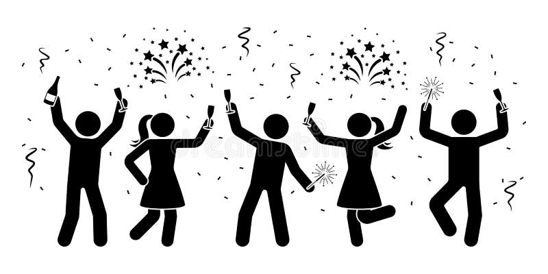 Happy stick figures celebrating New Year night icon. Men and women firework, serpentine, sparkler pictogram. royalty free illustration