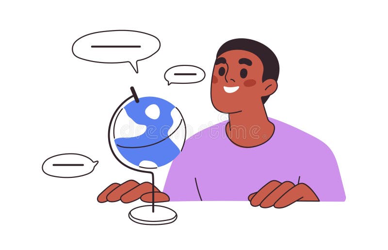 Happy student, learner and Earth globe. Global international education, studying foreign languages, learning abroad stock illustration