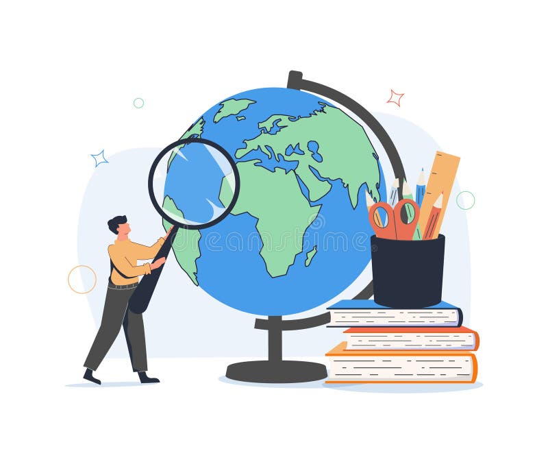 Happy student, learner and Earth globe. Global international education, studying foreign languages, learning abroad vector illustration