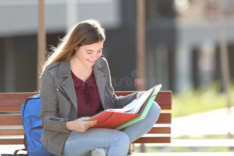 Happy student learning reading notes sitting on a bench in a park. Happy student learning reading notes sitting on a bench in a park