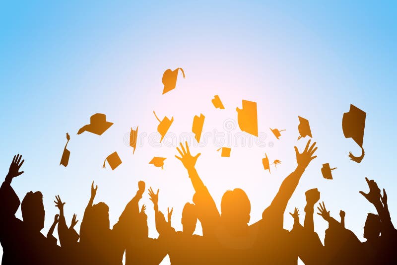 Happy students throwing graduation caps in the Air concept