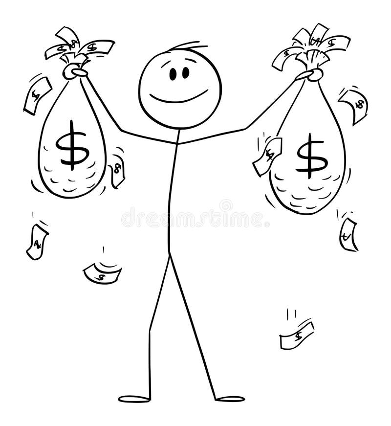 Happy Successful Man or Businessman Holding Bags of Money or Dollars , Vector Cartoon Stick Figure Illustration