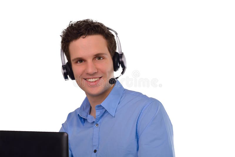 Portrait Of Happy Young Businessman Isolated Over White Background with notebook and headset. Portrait Of Happy Young Businessman Isolated Over White Background with notebook and headset.