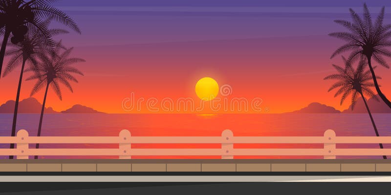 Happy summer trip,sunset sea road vector.