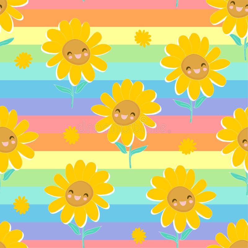 Happy Sunflower and rainbow Hand sketched seamless pattern cute flowers vector illustration print design for textiles, clothing