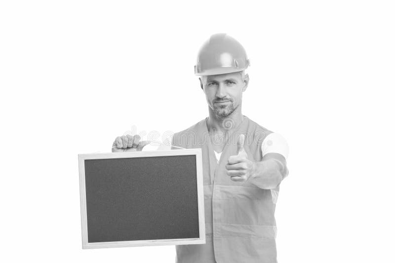 Supervizor fericit arată publicitate izolată pe alb. supervizor pentru publicitate stock photos