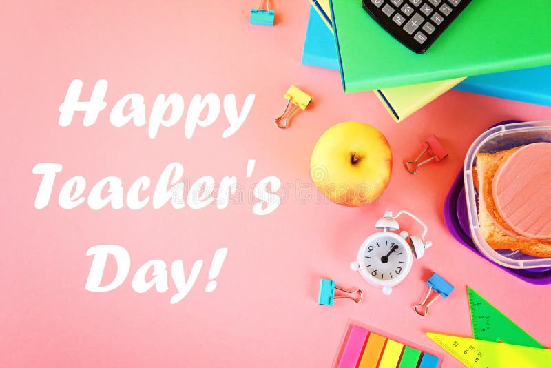 Happy Teachers Day. School and Office Supplies on a Pink Background. Back  To School. Stock Photo - Image of cheese, school: 125984922