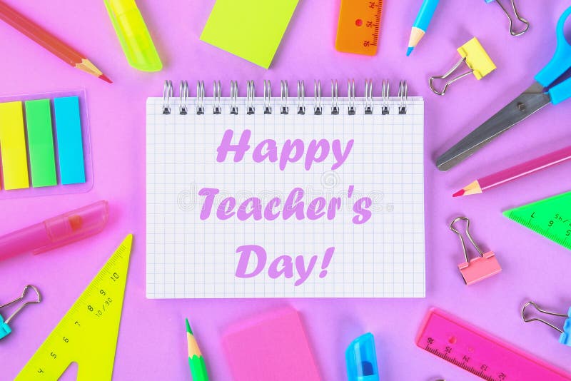 Teacher's Day concept. School supplies and greeting card on pink  background, top view Stock Photo - Alamy