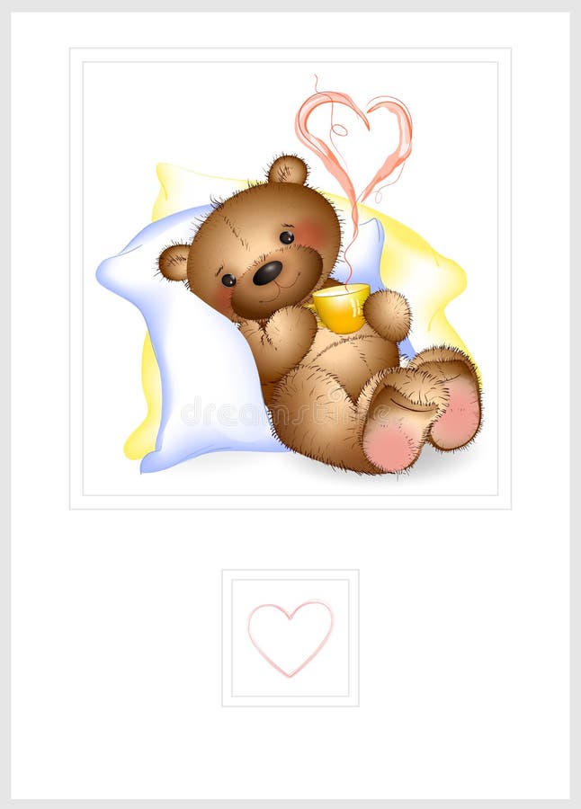 Happy Teddy bear in the pillows with a mug