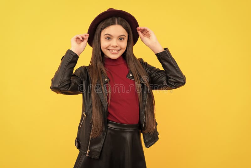 Happy Teen Girl in Hat and Leather Jacket, Trend Stock Photo - Image of ...