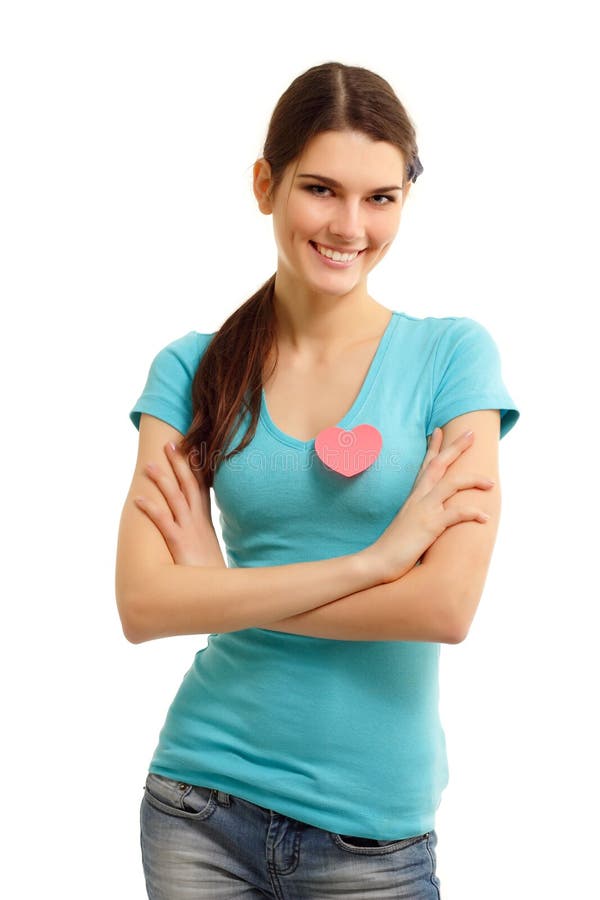 Happy teen girl with heart love symbol valentine isolated on white background