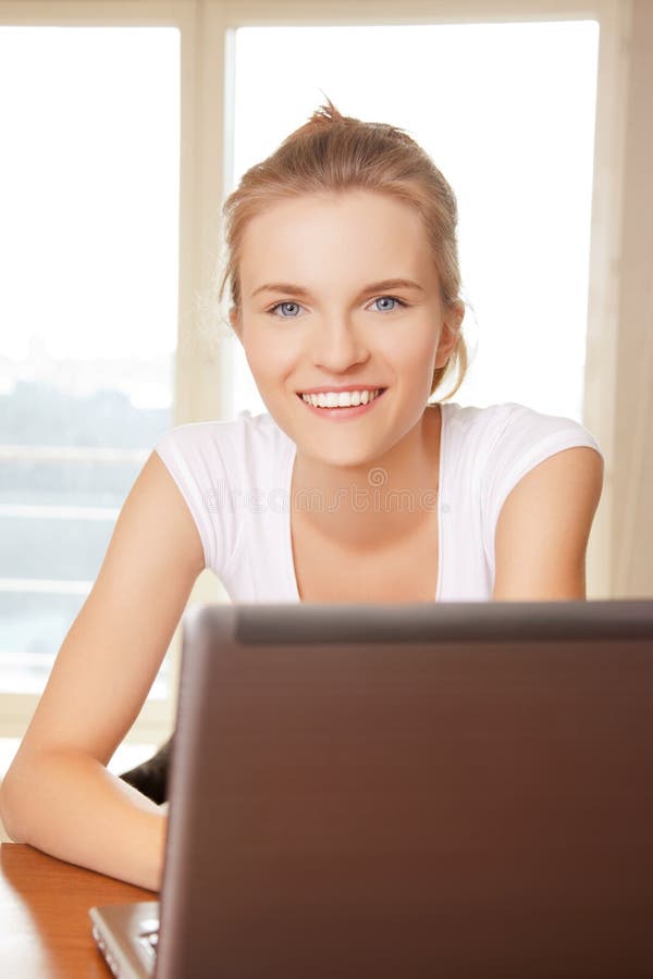 Happy Teenage Girl with Laptop Computer Stock Image - Image of nice ...